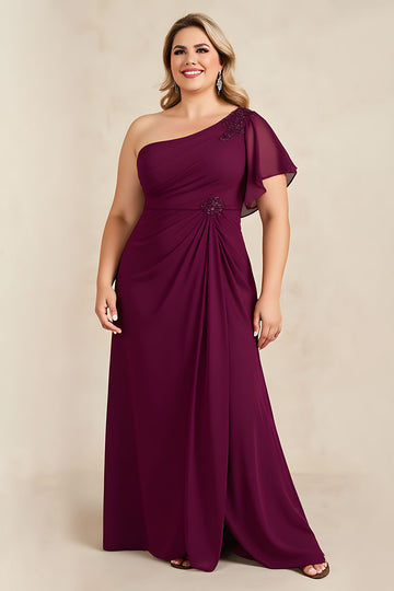 Burgundy Sheath Chiffon One Shoulder Long Mother of the Bride Dress with Beading
